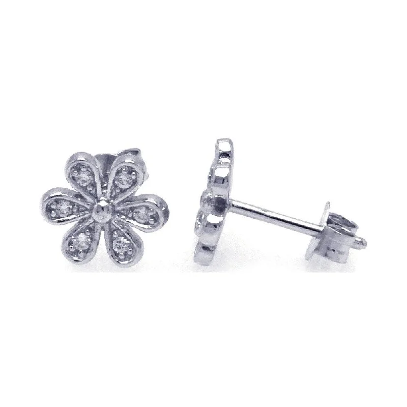 Cute Gemstone Earrings-Silver 925 Rhodium Plated Round Flower Clear CZ Post Earrings - STE00745