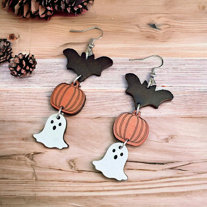 Sparkling Crystal Earrings-Wooden Halloween Drop Earrings