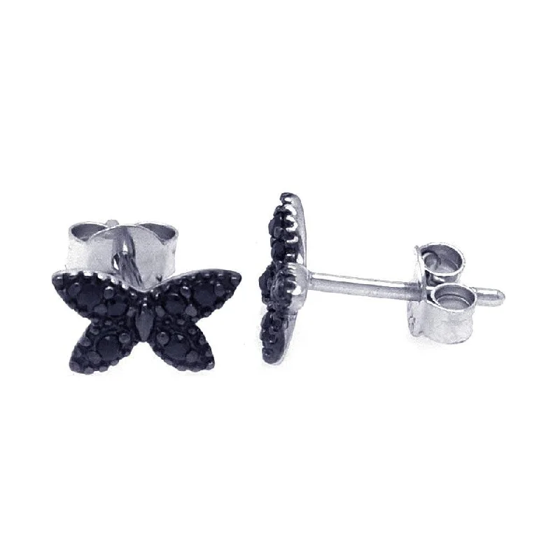 Ethnic Earrings for Women-Silver 925 Rhodium Plated Black Butterfly CZ Post Earrings - STE00698