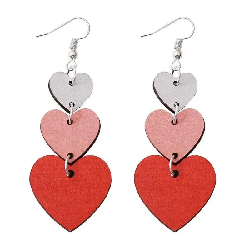 Chic Pearl Earrings-Red, White, and Pink Wooden Heart Drop Earrings