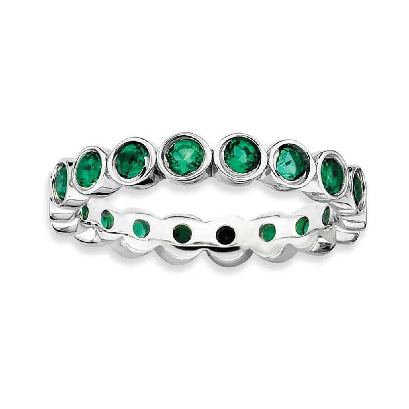 Personalized Diamond Wedding Rings-Sterling Silver Stackable Bezel Set Created Emerald 3.5mm Band