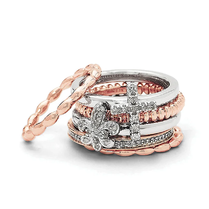 Luxury Engagement Rings-Sterling Silver & 14K Rose Gold Plated, Diamond Faith Stack Ring Set