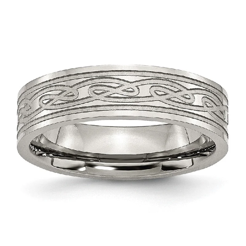 Vintage Engagement Rings-6mm Stainless Steel Etched Scroll Design Flat Standard Fit Band