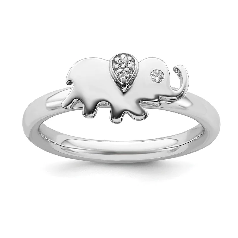 Vintage Wedding Rings-Rhodium Plated Sterling Silver & Diamond Stackable Elephant Ring