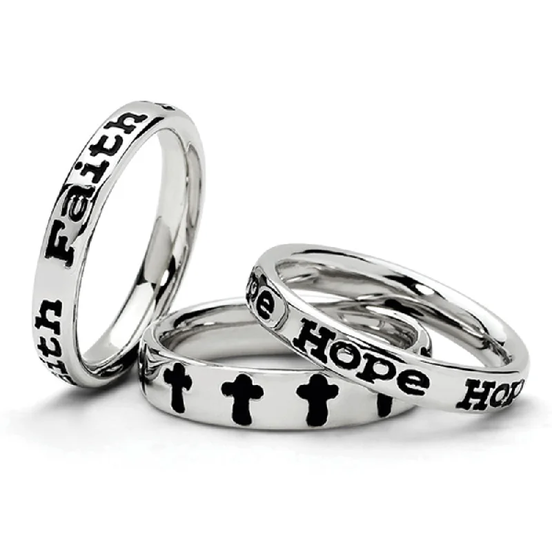 Vintage Style Rings-Sterling Silver & Enamel Stackable Faith & Hope Script Band Ring Set