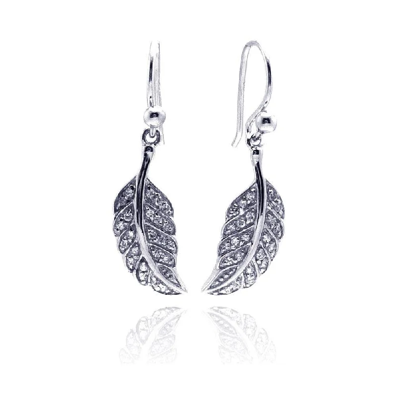 Gold Gemstone Earrings-Silver 925 Rhodium Plated Curvy Leaf CZ Dangling Hook Earrings - STE00542