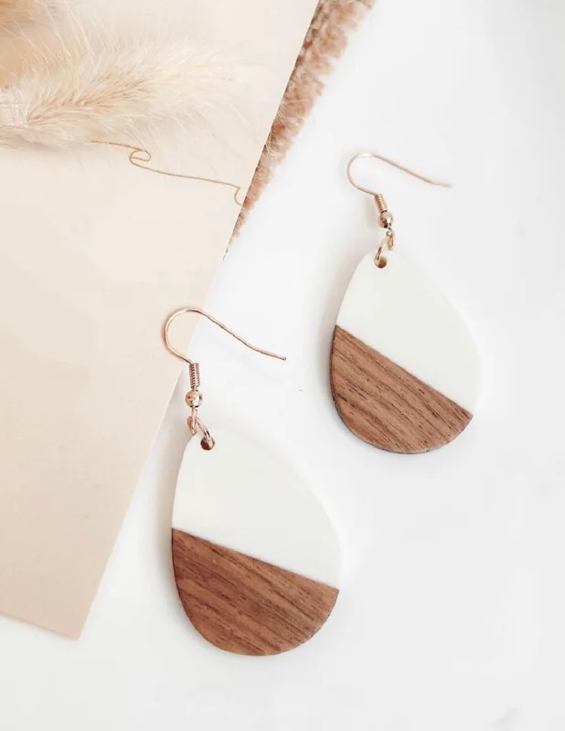 Statement Earrings for Weddings-Beautiful Wood and White Resin Teardrop Earrings