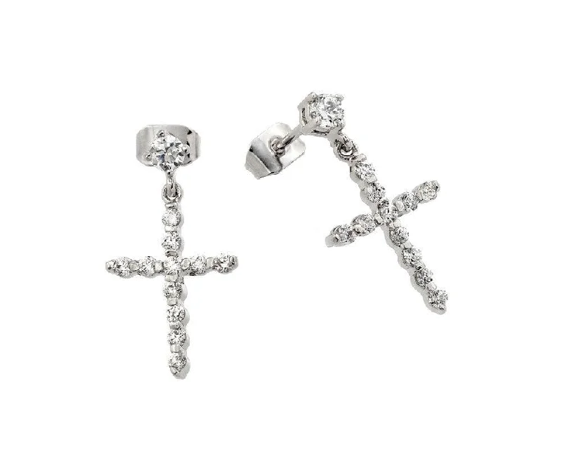 Gemstone Earrings for Weddings-Silver 925 Rhodium Plated Cross CZ Dangling Earrings - BGE00290