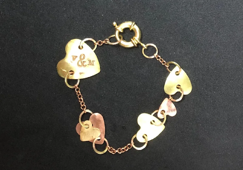 Handcrafted Gemstone Bangles-Chain of hearts copper brass bracelet