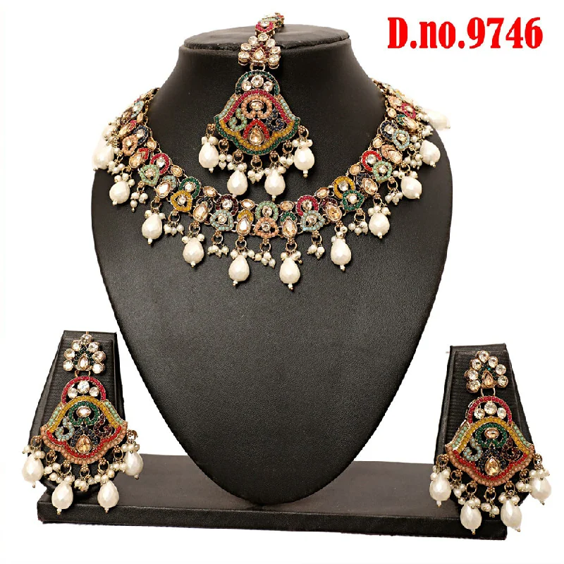 Trendy Choker Necklaces-Rudraksh Art Gold Plated Crystal Stone Pearls And Beads Necklace Set