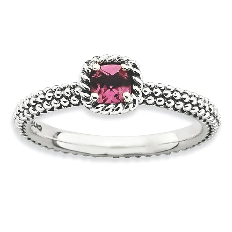 Stylish Gemstone Rings-Antiqued Sterling Silver Stackable Pink Tourmaline Ring