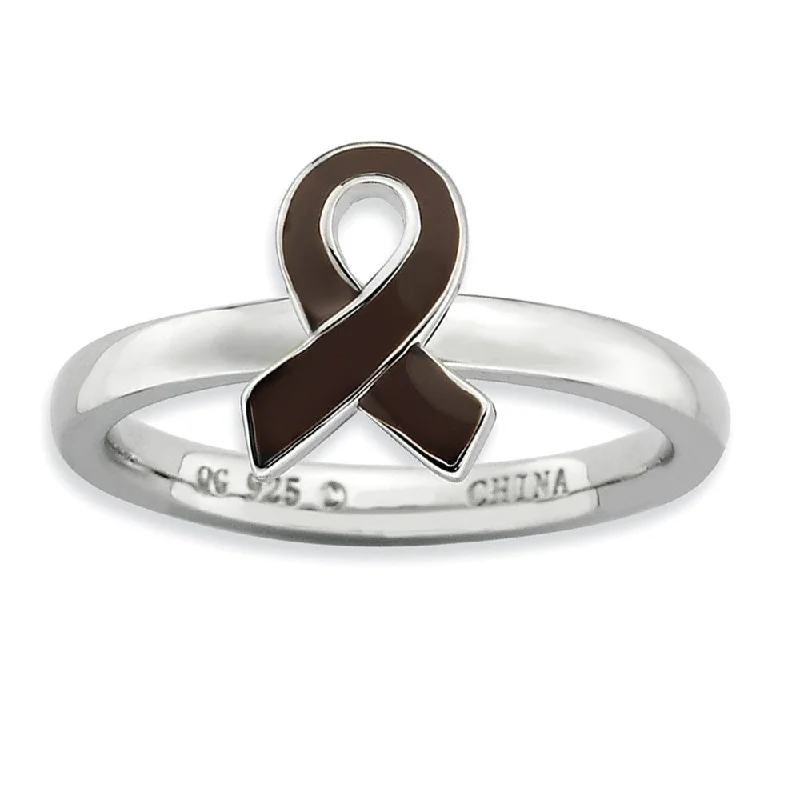 Women’s Statement Rings-Silver Stackable Brown Enamel Awareness Ribbon Ring