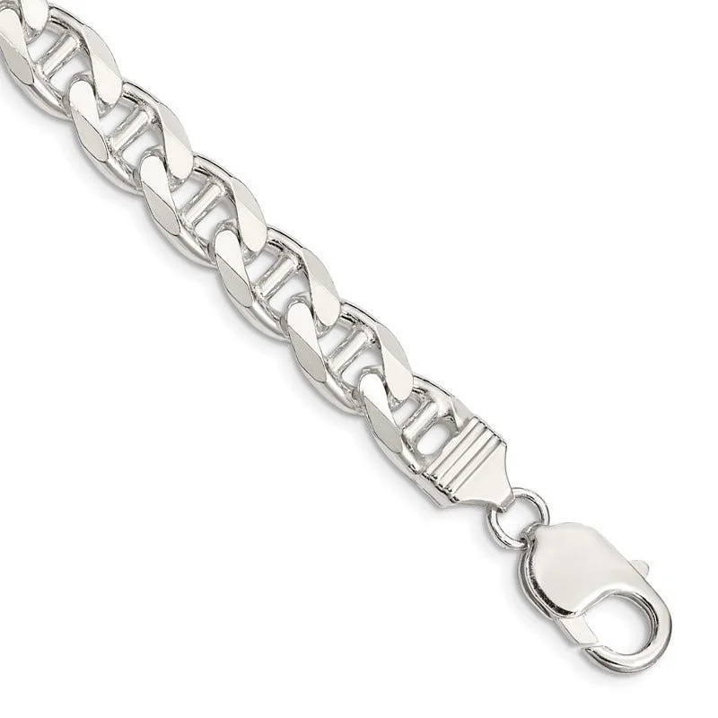 Classic Gemstone Link Bracelets-Sterling Silver 9mm Flat Cuban Anchor Chain Bracelet