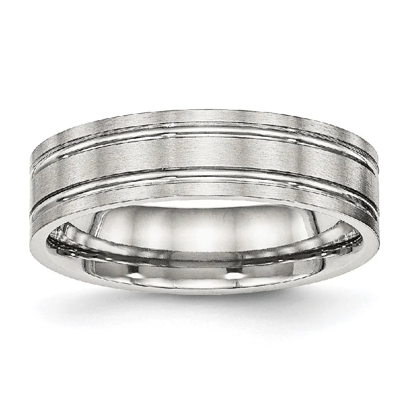 Statement Gemstone Rings-6mm Stainless Steel Brushed & Polished Grooved Flat Standard Fit Band