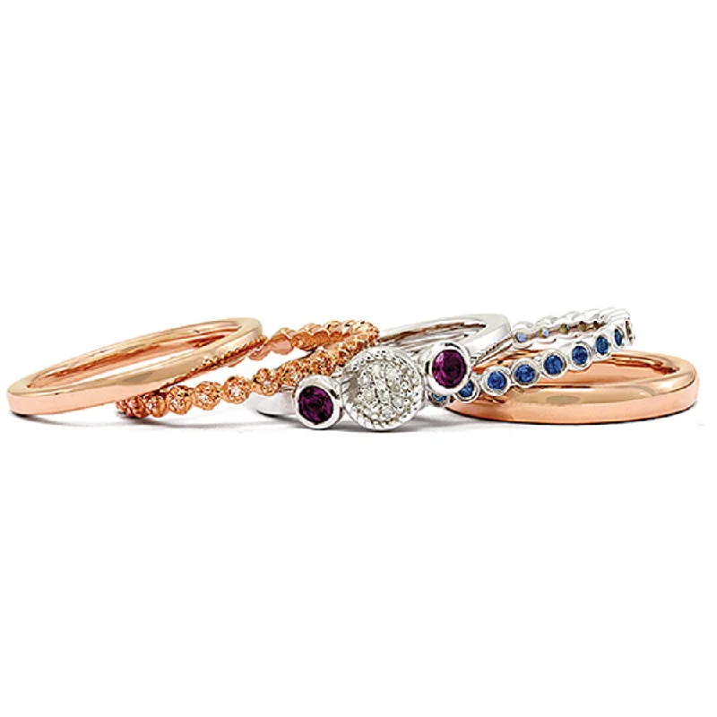 Large Gemstone Rings-Sterling Silver, 14K Rose Plated & Multi Gemstone Stackable Ring Set