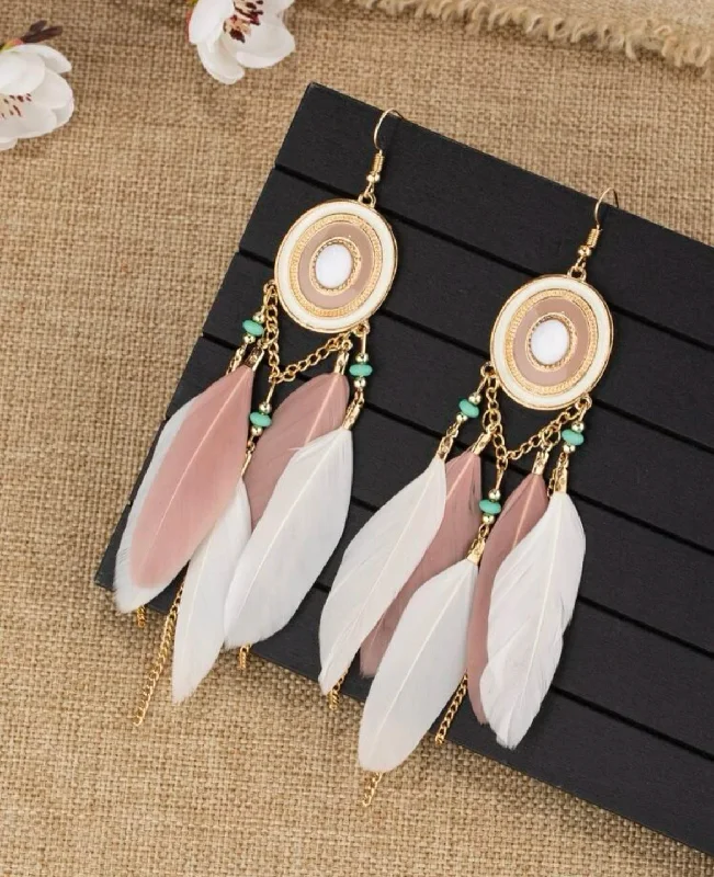 Retro Hoop Earrings-Oval Pink and White Feather Tassel Earrings