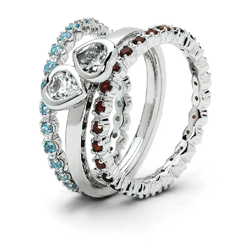 Bohemian Style Rings-Sterling Silver Stackable Genuine Gemstone Trio Heart Ring Set