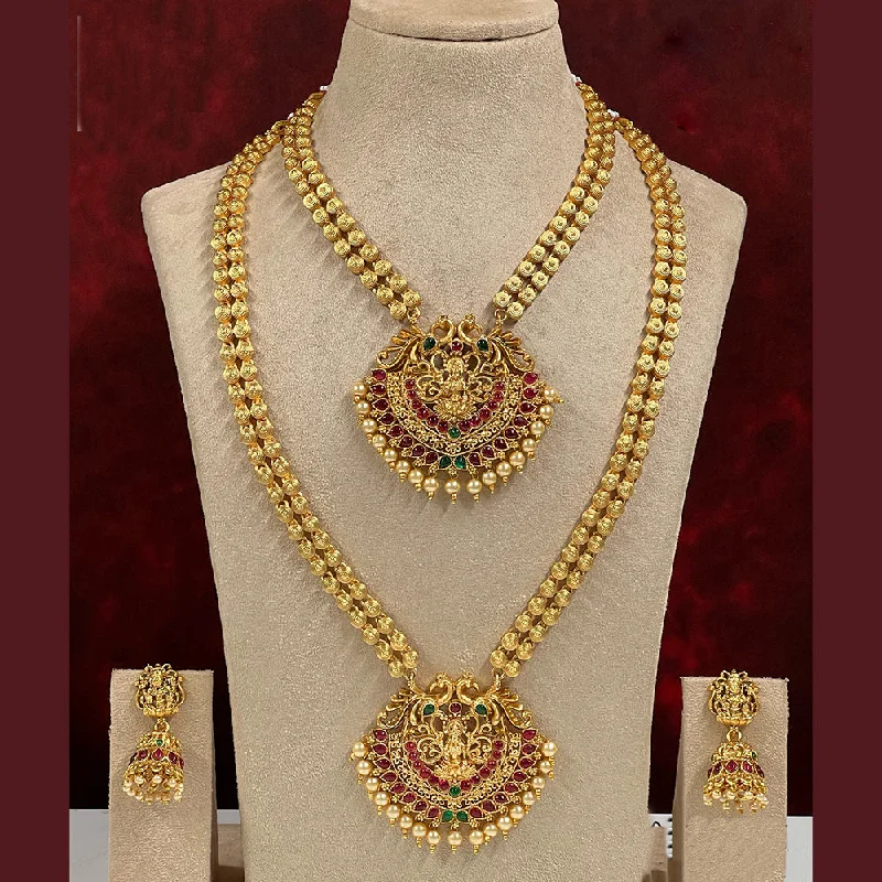 Sterling Silver Necklaces-Diksha Collection Gold Plated Temple Double Necklace Set