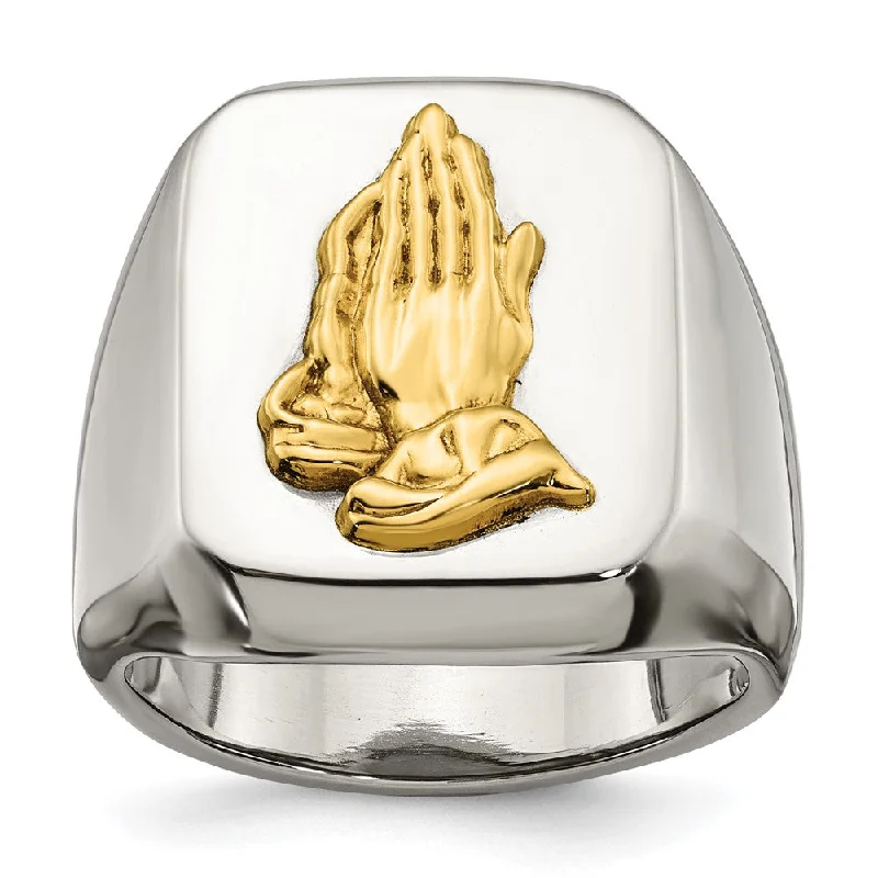 Simple Solitaire Rings-Men's 20mm Stainless Steel w/14K Gold Accent Praying Hands Ring