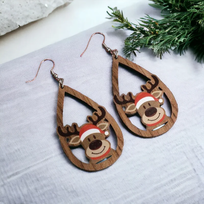 Luxurious Drop Earrings-Adorable Wooden Reindeer Drop Earrings