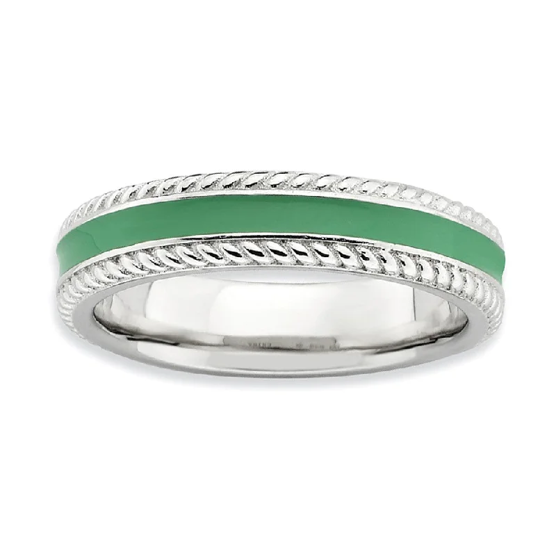 Sapphire Engagement Rings-4.5mm Sterling Silver Green Enamel Stackable Rope Edged Band