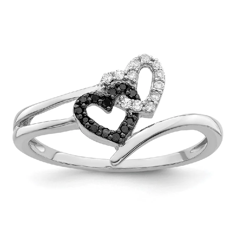 Stunning Gemstone Rings-1/10 Ctw White & Black Diamond Double Heart Ring in Sterling Silver