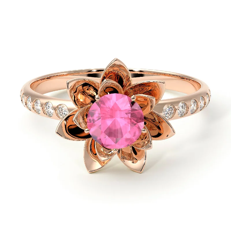 Gold Wedding Bands for Women-Lotus Flower Pink Moissanite ring - Lotus no. 802