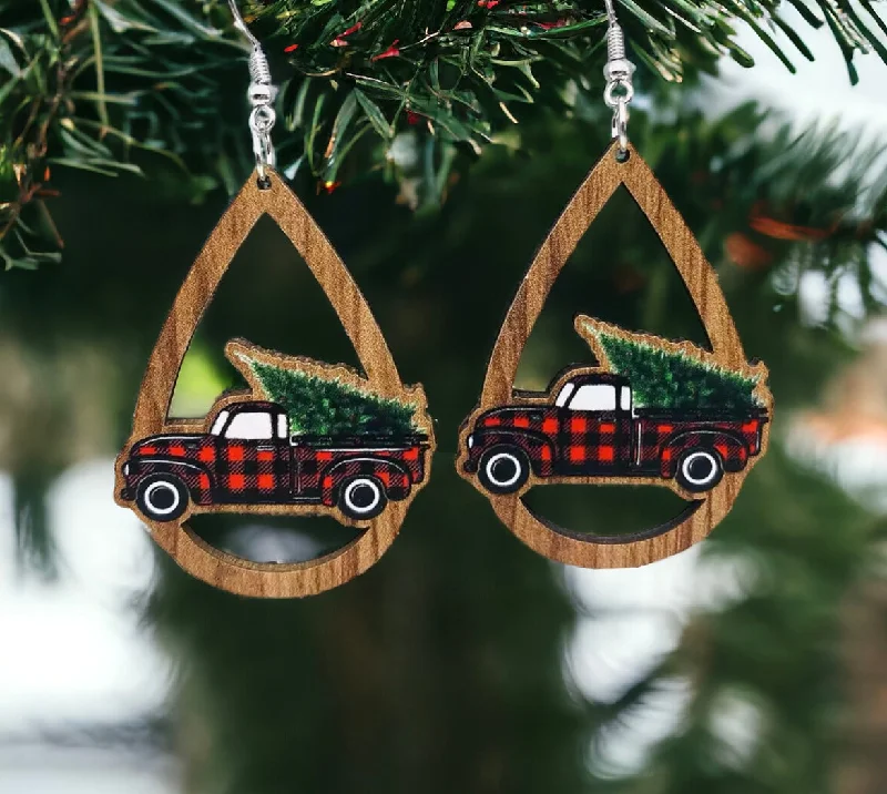 Cute Gemstone Earrings-Vintage Truck and Christmas Tree Wooden Drop Earrings