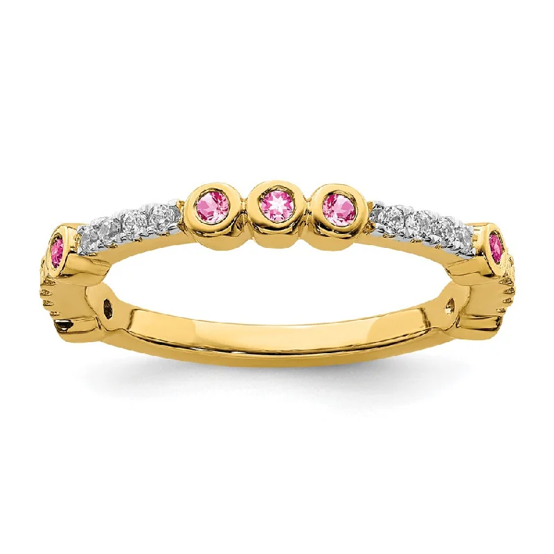 Classic Engagement Ring Bands-2mm 14k Yellow Gold Pink Tourmaline & .08 Ctw Diamond Stackable Band