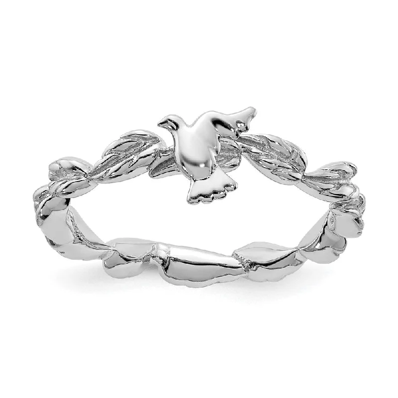 Bold Wedding Bands-Sterling Silver Rhodium Plated Stackable Dove Ring