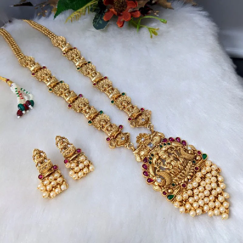 Stylish Gemstone Pendant Necklaces-Aamrapali Gold Plated Long Temple Necklace Set