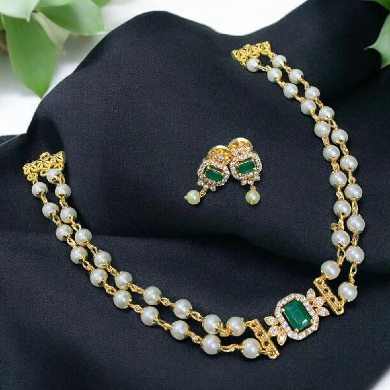 Luxury Diamond Necklaces for Weddings-Sona Creation Gold Plated AD Stone And Pearls Necklace Set