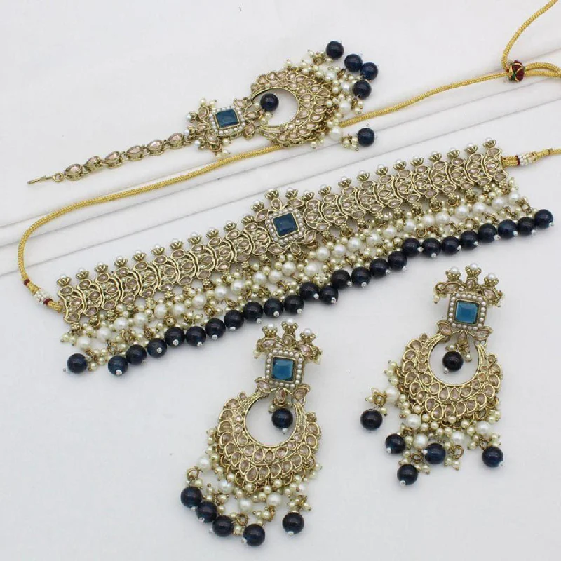 Simple Chain Necklaces-India Art Gold Plated Crystal Stone And Pearls Choker Necklace Set