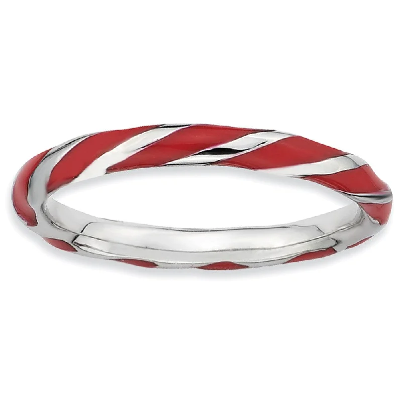 Fashionable Rings for Women-2.4mm Silver Twisted Red Enameled Stackable Band