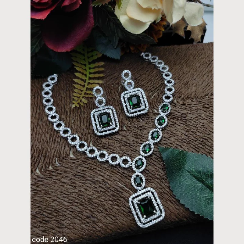 Simple Gemstone Pendant Necklaces-Aamrapali Silver Plated American Diamond Necklace Set