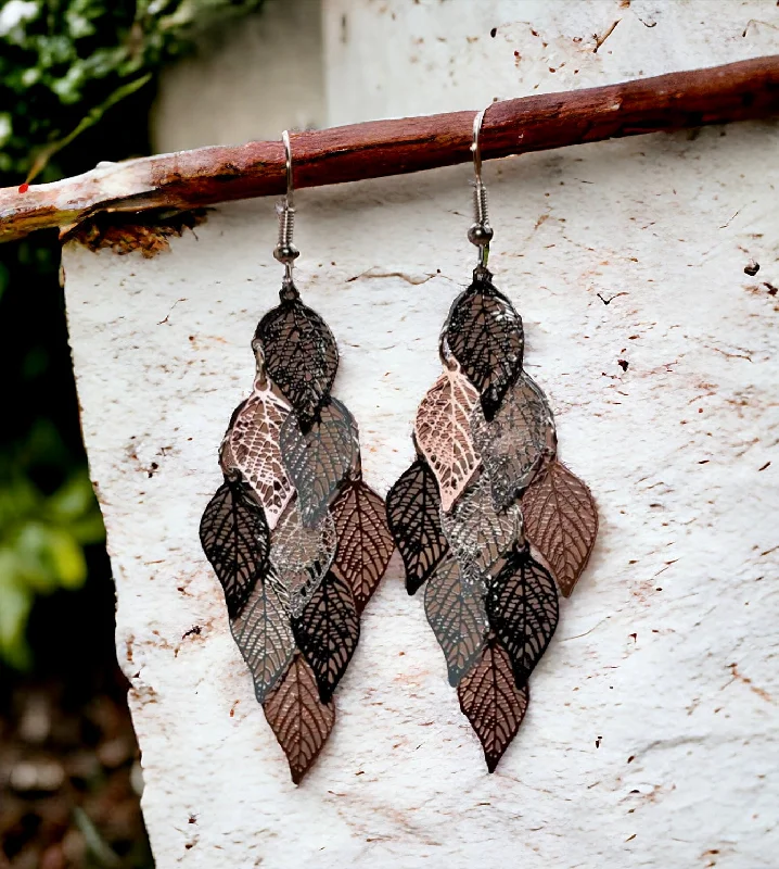 Round Hoop Earrings-Beautiful Black, Silver, and Bronze Leaf Tassel Earrings