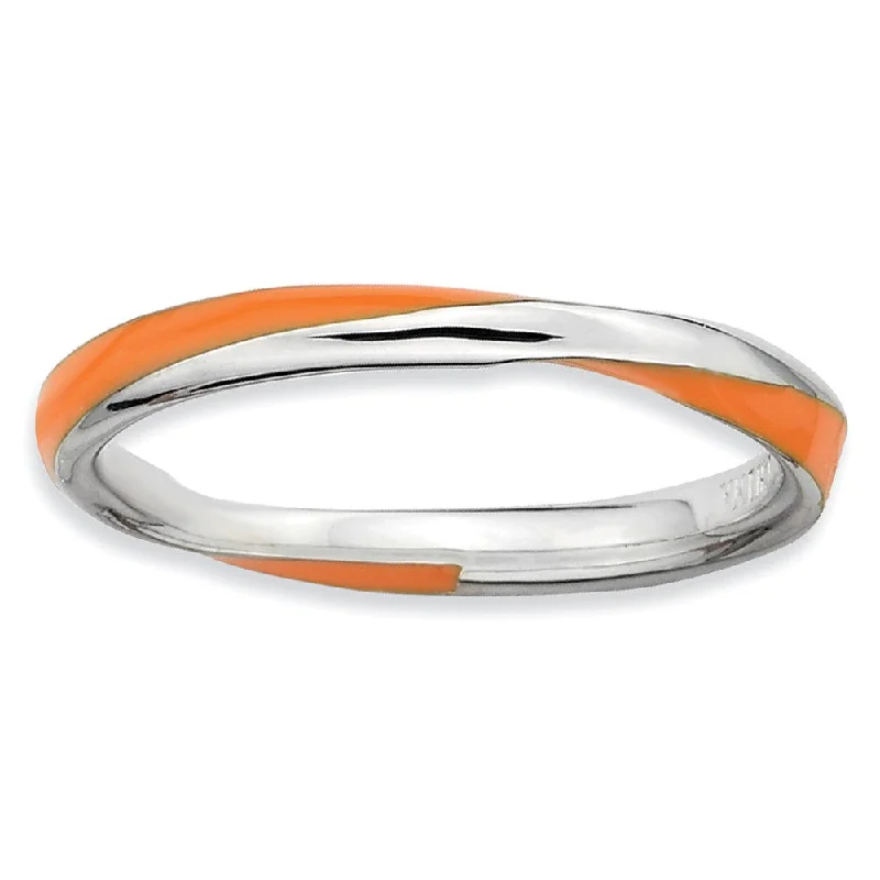 Antique Style Wedding Rings-2.5mm Silver Twisted Orange Enameled Stackable Band