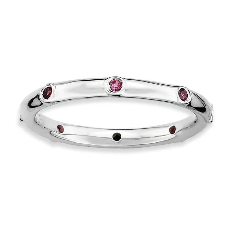 Beautiful Wedding Rings-Sterling Silver Stackable Rhodolite Garnet Accent 2.25mm Band