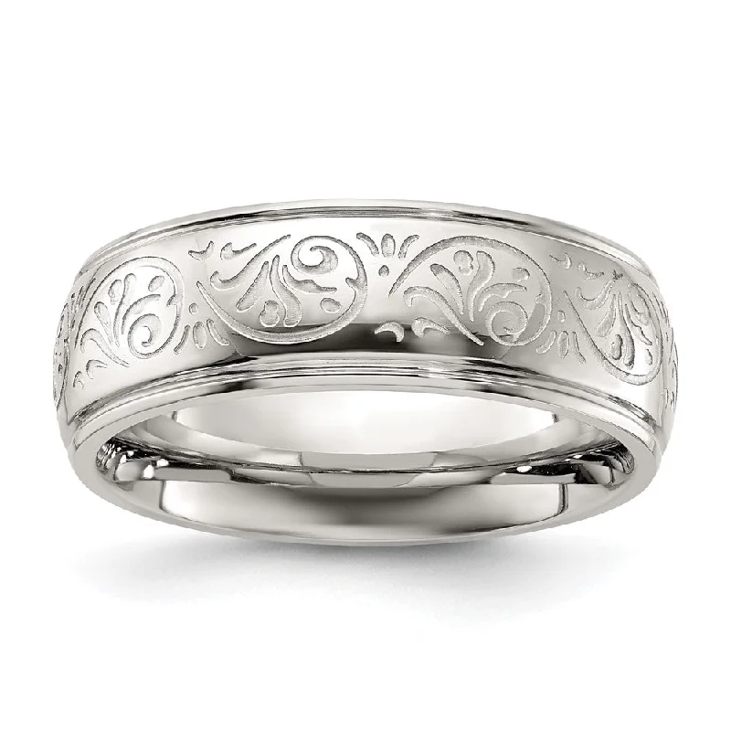 Matching Wedding Rings-7.5mm Stainless Steel Etched Ornate Design Ridged Comfort Fit Band