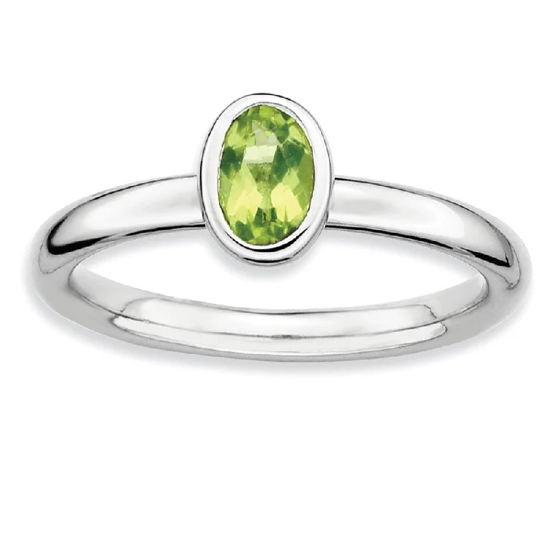 Stylish Wedding Rings-Silver Stackable Oval Peridot Solitaire Ring