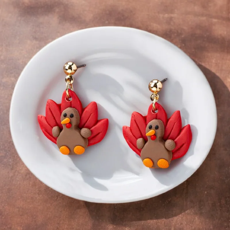 Custom Wedding Earrings-Adorable Polymer Clay Turkey Stud Drop Earrings