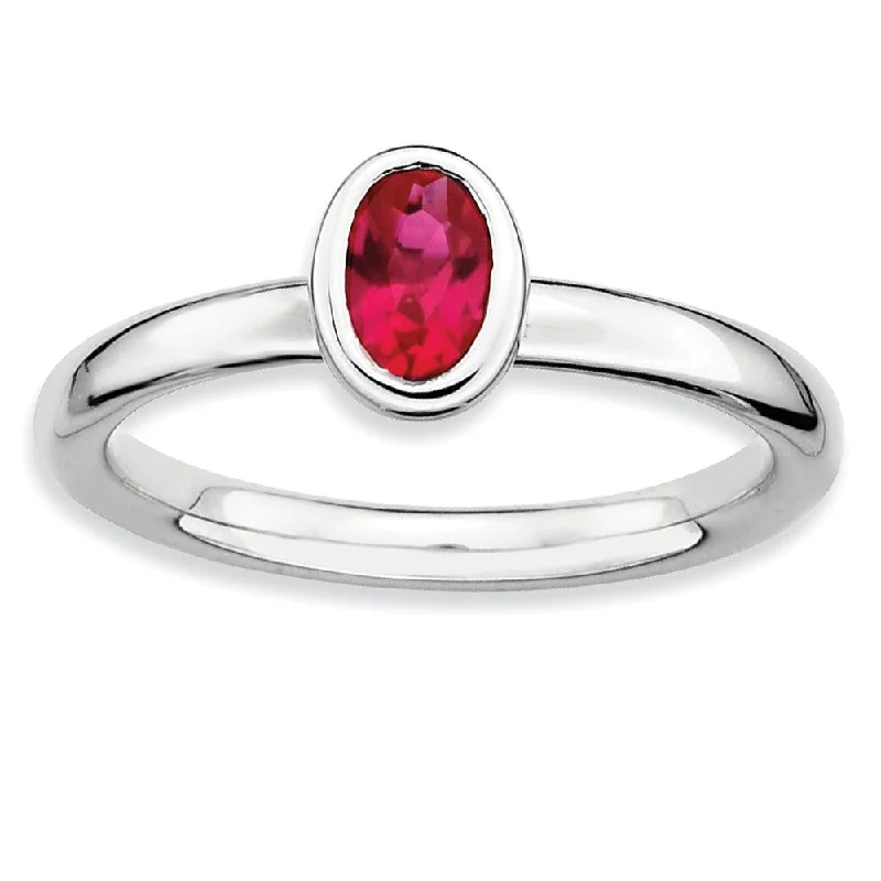 Silver Wedding Bands for Men-Sterling Silver Stackable Oval Created Ruby Solitaire Ring