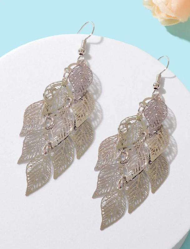 Stunning Gold Earrings-Beautiful Silver Leaf Tassel Earrings