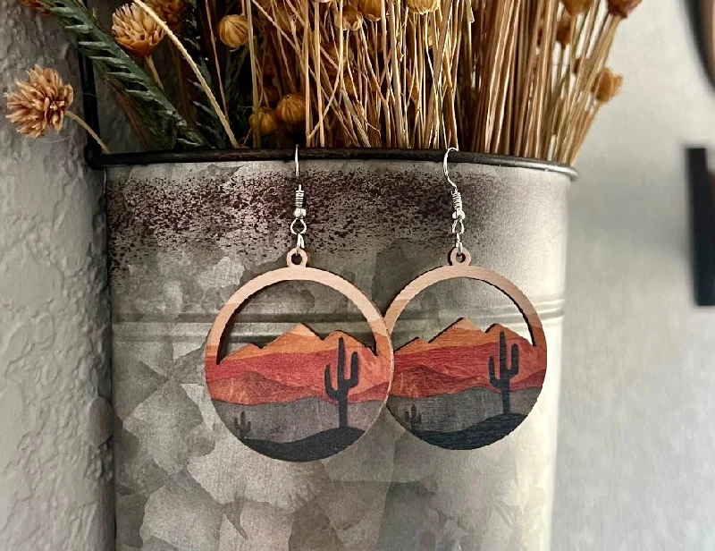 Oval Dangle Earrings-Round Wooden Desert Cactus Drop Earrings