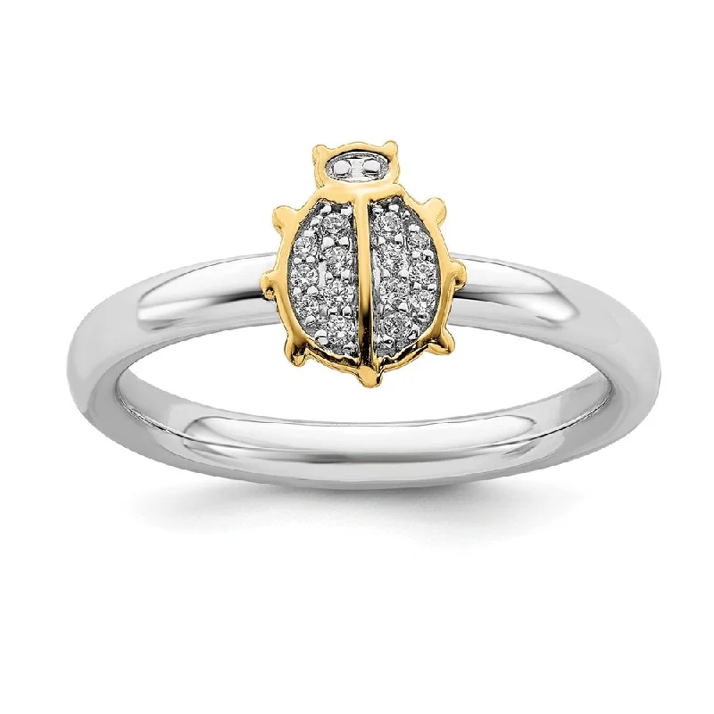 Beautiful Wedding Rings-Sterling Silver & 14k Gold Plated Diamond Ladybug Stack Ring