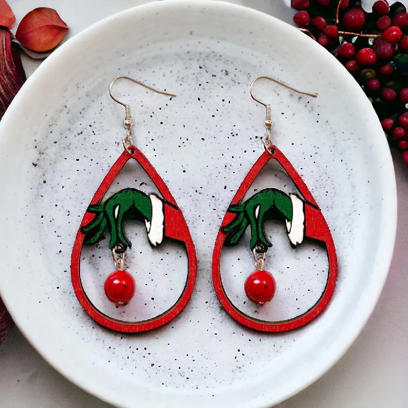 Everyday Earrings-Wooden Green and Red Christmas Drop Earrings