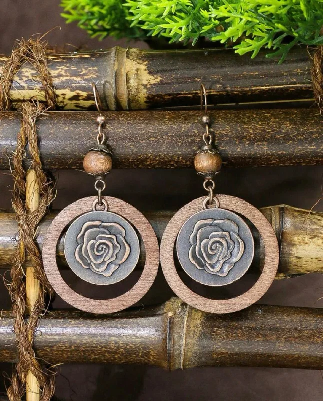 Unique Drop Earrings-Round Wooden Rose Drop Earrings