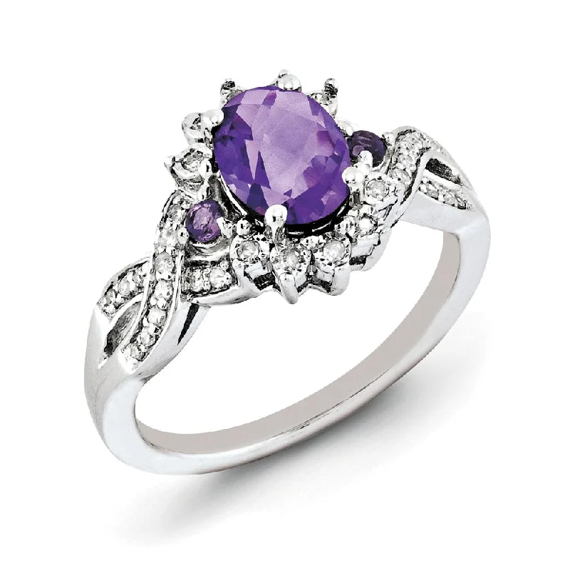 Vintage Engagement Rings-Oval Amethyst & .15 Ctw Diamond Halo Sterling Silver Ring