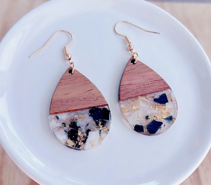 Gold Plated Earrings-Wood with Black and White Resin Teardrop Earrings