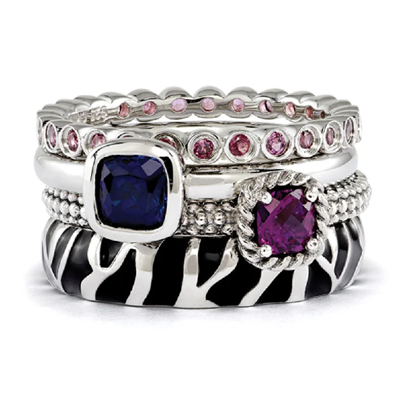 Wedding Bands for Women-Sterling Silver, Multi Gemstone Stackable Safari Ring Set